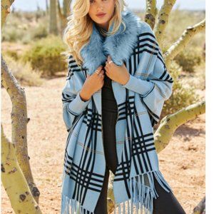 PLAID FAUX-FUR COLLAR PONCHO